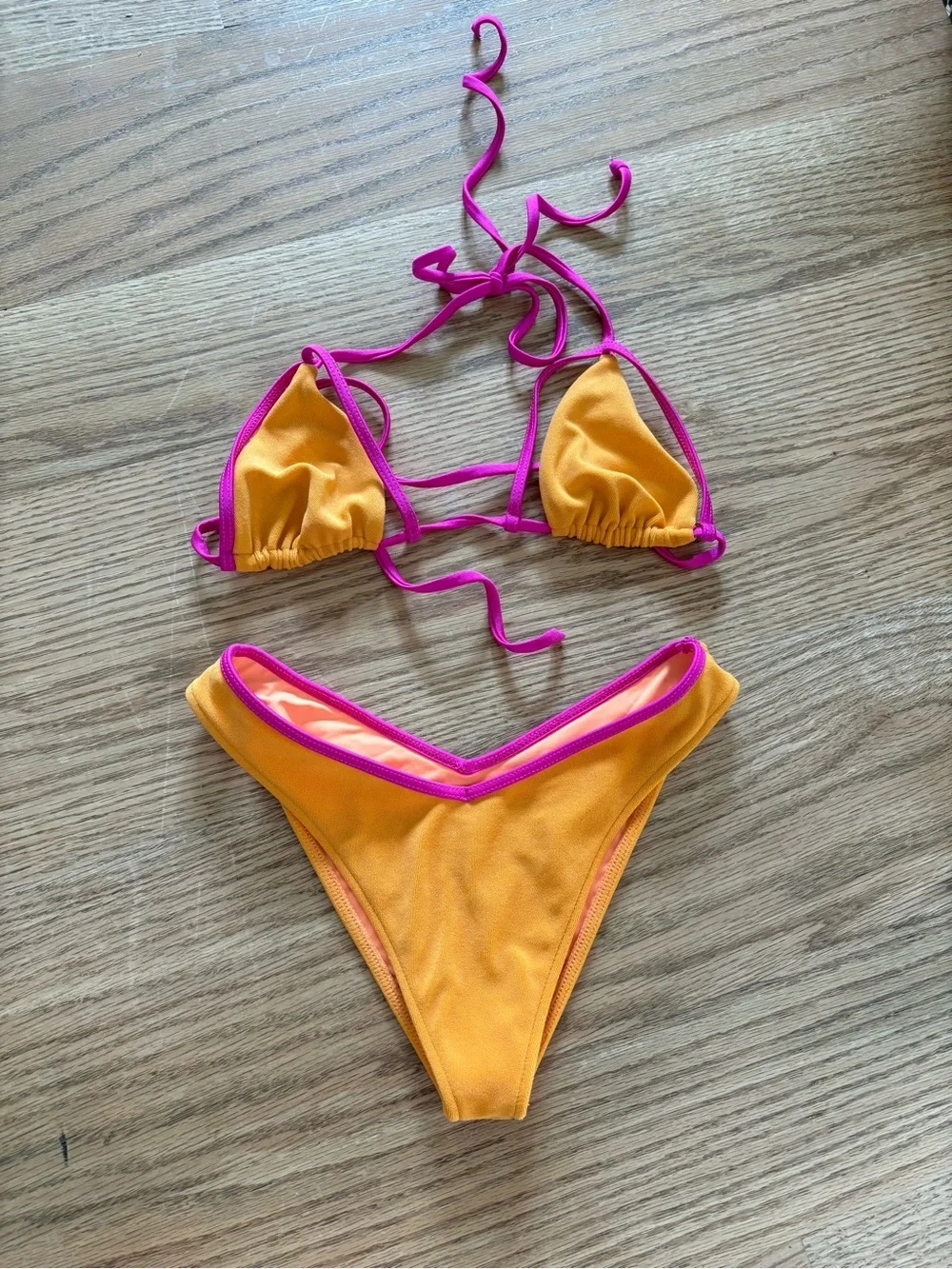 Frankie's Bikinis Orange Triangle Bikini with Pink Trim